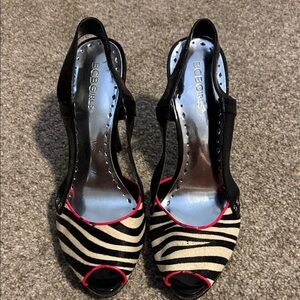 BCBGeneration Zebra-Print Peep-Toe Slingback Heels with Pink Trim